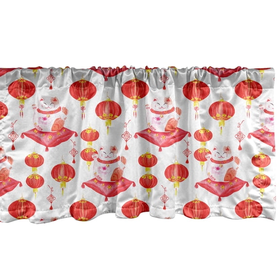 Ambesonne Japanese Cat Window Valance, Cat Maneki Neko, 54" X 18", Dark Coral and Yellow