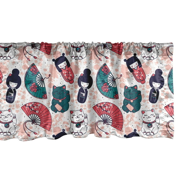 Ambesonne Japanese Cat Window Valance, Luck Items Pattern, 42" x 18", Blush Multicolor