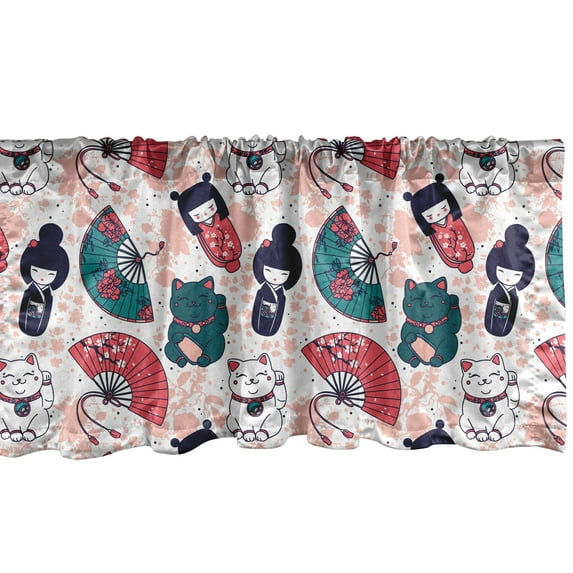 Ambesonne Japanese Cat Window Valance, Luck Items Pattern, 54" X 18", Blush Multicolor
