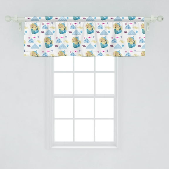 Ambesonne Japanese Cat Window Valance, Seigaiha Waves Qinghai Maneki Neko Love Cat Clouds, Curtain Valance for Kitchen Bedroom Decor with Rod Pocket, 54" X 18", Pale Camel Sky Blue
