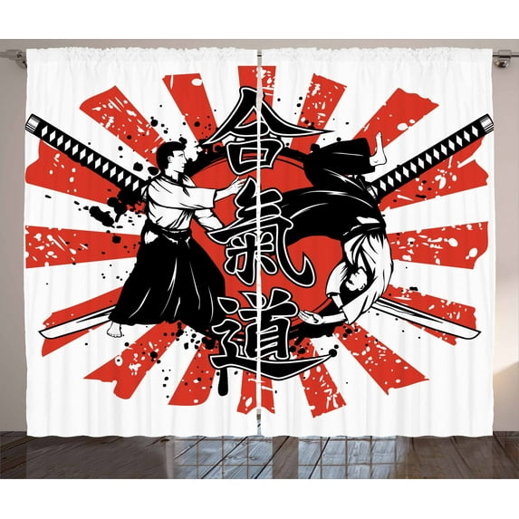 Ambesonne Japanese Curtains 2 Panel Set, Ai o Samurai Fight, 108" x 84", Orange Black White