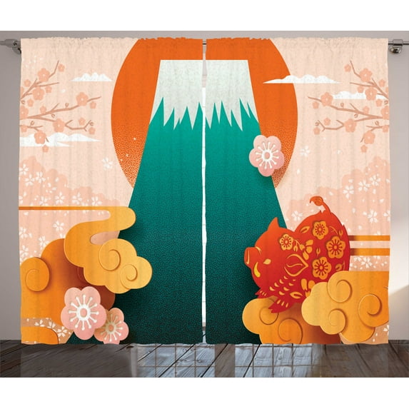 Ambesonne Japanese Curtains 2 Panel Set, Folkloric Items Doodle, 108" x 108", Multicolor