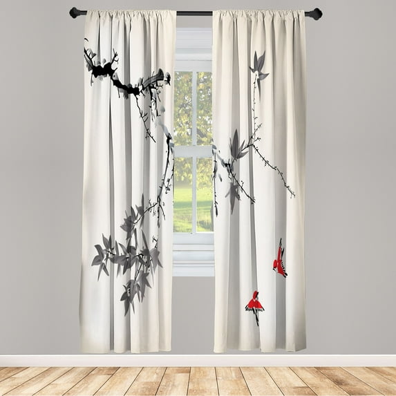 Ambesonne Japanese Curtains, Coral Hues Cherry Blossoms, Pair of 28"x84", Dark Coral