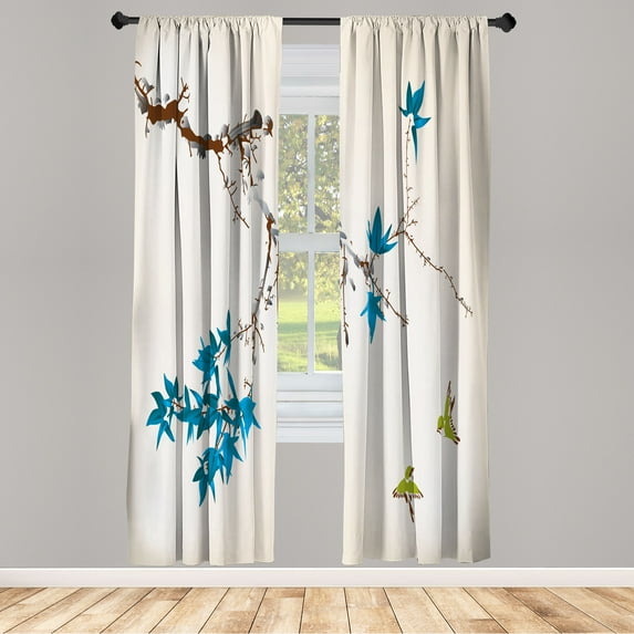 Ambesonne Japanese Curtains, Coral Hues Cherry Blossoms, Pair of 28"x95", Azure Blue