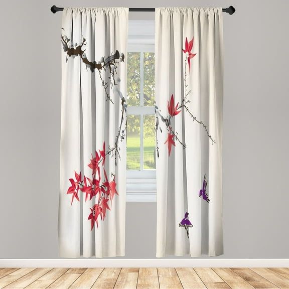 Ambesonne Japanese Curtains, Coral Hues Cherry Blossoms, Pair of 28"x95", Coral Fuchsia