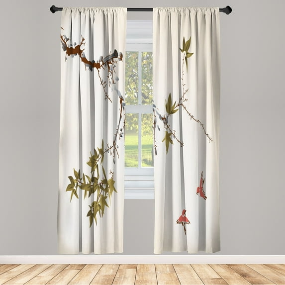 Ambesonne Japanese Curtains, Coral Hues Cherry Blossoms, Pair of 28"x95", Khaki Coral