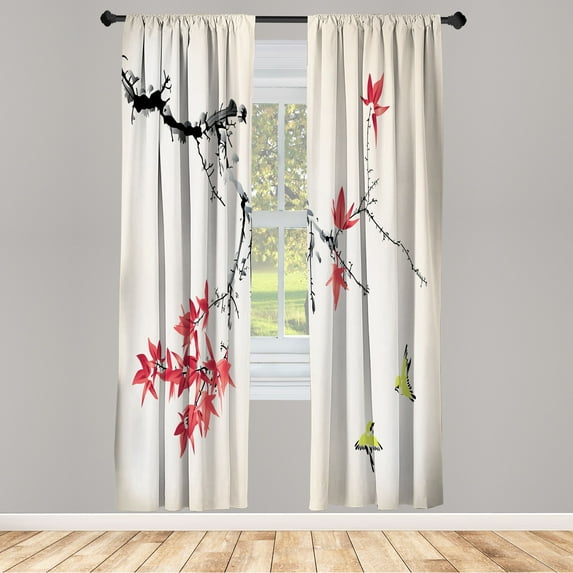 Ambesonne Japanese Curtains, Coral Hues Cherry Blossoms, Pair of 28"x95", Pale Green