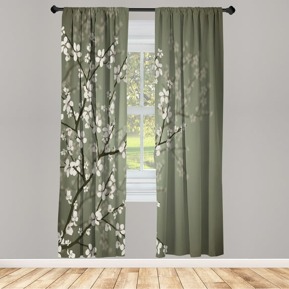 Ambesonne Japanese Curtains, Sakura Bloom Spring Season, Pair of 28"x95", Laurel Green