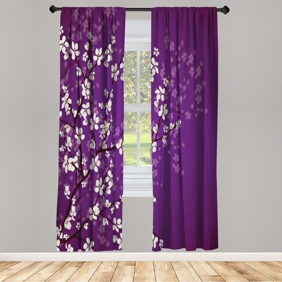 Ambesonne Japanese Curtains, Sakura Bloom Spring Season, Pair of 28"x95", Purple and White