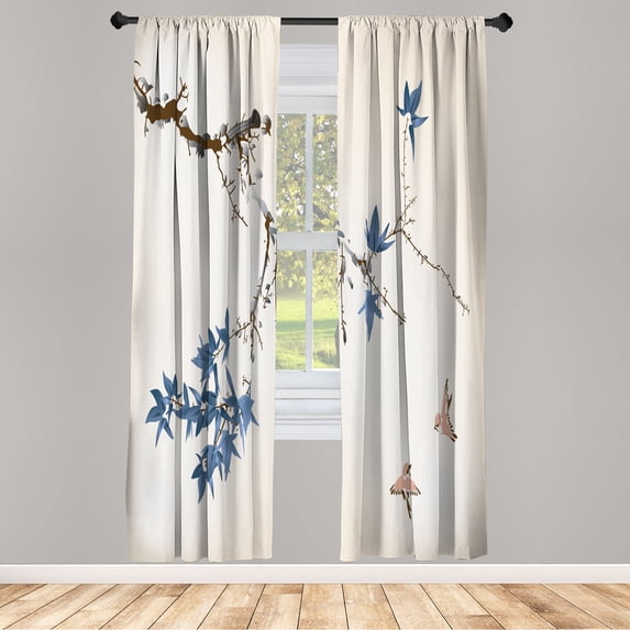 Ambesonne Japanese Curtains, Sakura Tree Romantic Art, Pair of 28"x84", Sea Blue