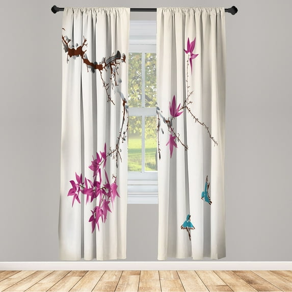 Ambesonne Japanese Curtains, Sakura Tree Romantic Art, Pair of 28"x95", Dark Magenta