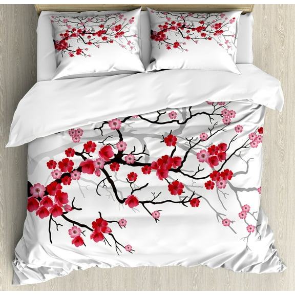 Ambesonne Japanese Duvet Cover Set, Blossoms Sakura Plant, 2-Calking, Dark Brown Dark Coral