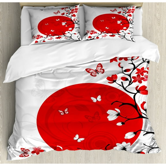 Ambesonne Japanese Duvet Cover Set, Cherry Sakura Trees, Queen, Vermilion Black White