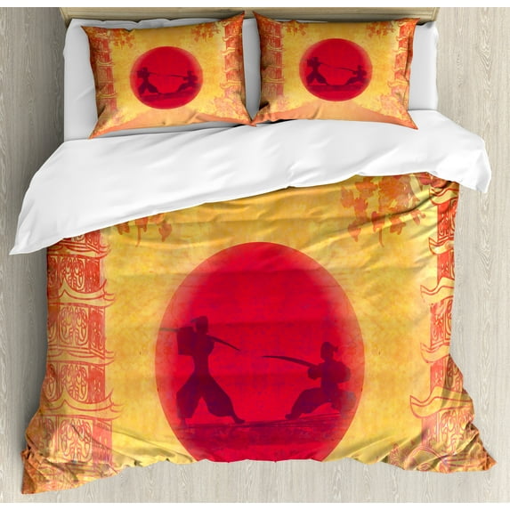 Ambesonne Japanese Duvet Cover Set, Ninjas Vintage Sunset, 2-Calking, Mustard and Purple