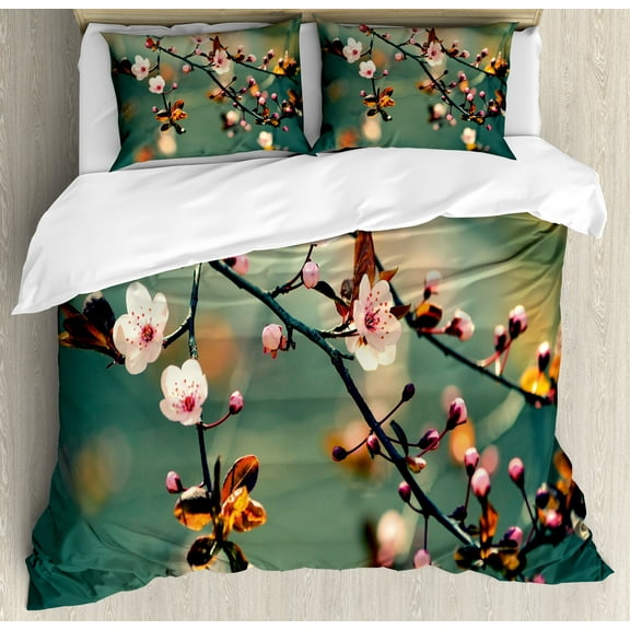 Ambesonne Japanese Duvet Cover Set, Pink Cherry Sakuras, Calking, Forest Green Pale Pink
