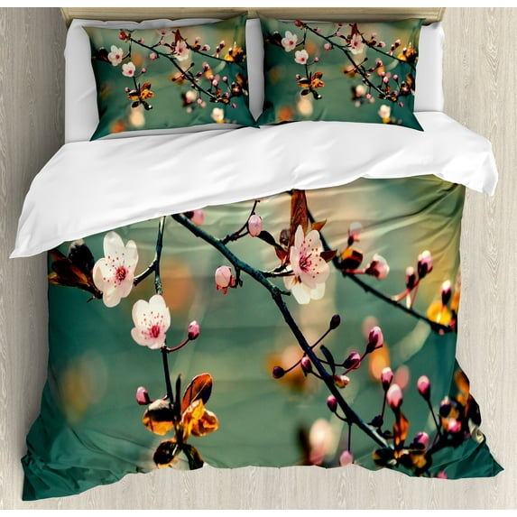 Ambesonne Japanese Duvet Cover Set, Pink Cherry Sakuras, Queen, Forest Green Pale Pink