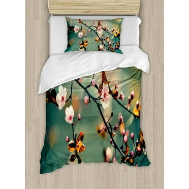 Ambesonne Japanese Duvet Cover Set, Pink Cherry Sakuras, Twin, Forest Green Pale Pink