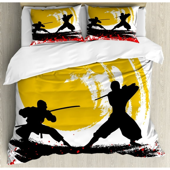 Ambesonne Japanese Duvet Cover Set, Watercolor Style Ninja, 2-Calking, Vermilion Mustard