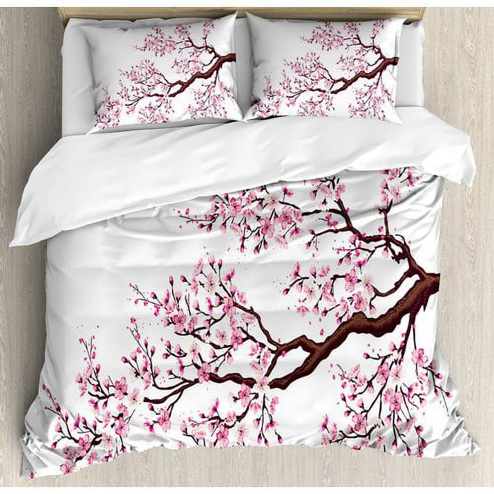 Queen White and Pink Floral Microfiber Duvet Cover Set