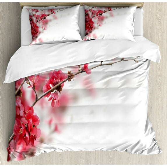 Ambesonne Japanese Duvet Cover Sets, Cherry Blossoms Misty, 2-Queen, Hot Pink White