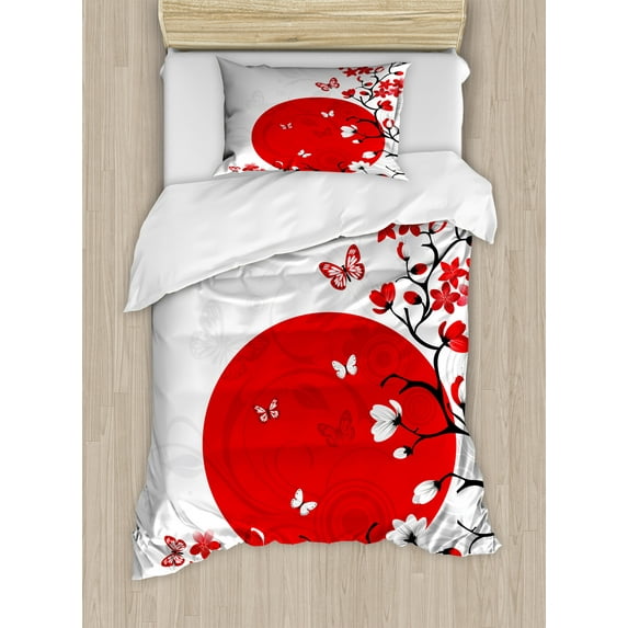 Ambesonne Japanese Duvet Cover Sets, Cherry Sakura Trees, 2-Twin, Vermilion Black White
