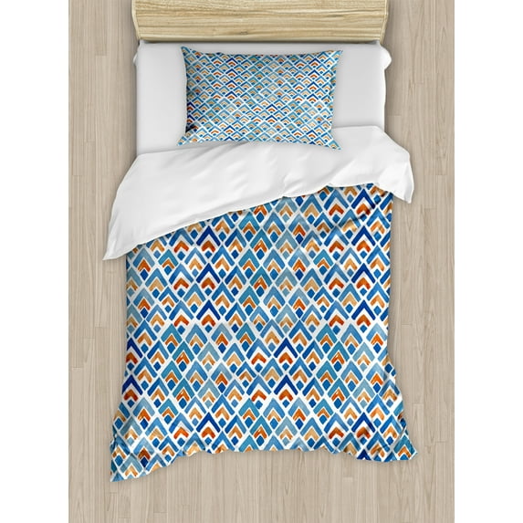 Ambesonne Japanese Duvet Cover Sets, Chevron Watercolor Art, 2-Twin, Pale Blue Orange