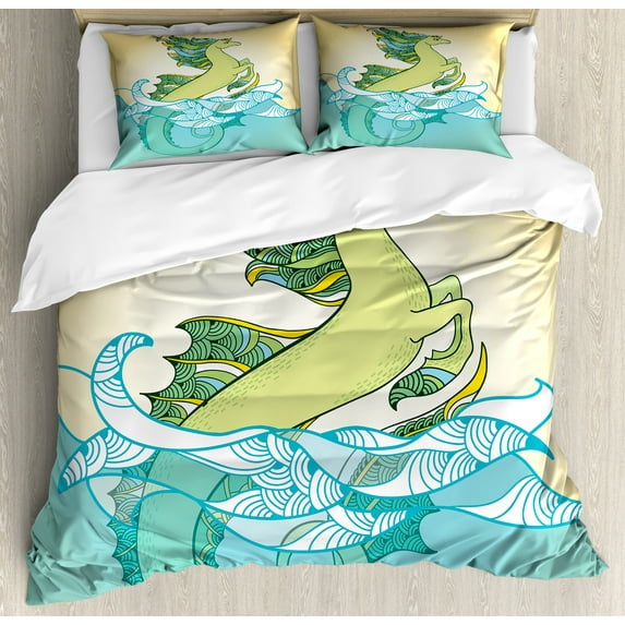 Ambesonne Japanese Duvet Cover Sets, Pastel Tone Water Creature, 2-King, Green Blue