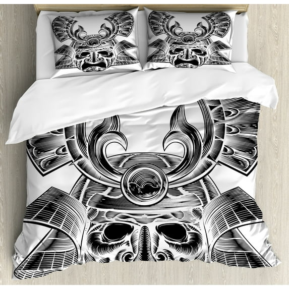 Ambesonne Japanese Duvet Cover Sets, Vintage Japan, 2-Queen, White Black