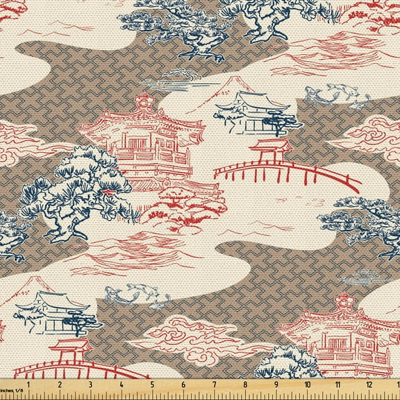 Ambesonne Japanese Fabric by the Yard Upholstery, Asian Buildings Mount Fuji, 2 Yards, Dark Pink and Blue Grey