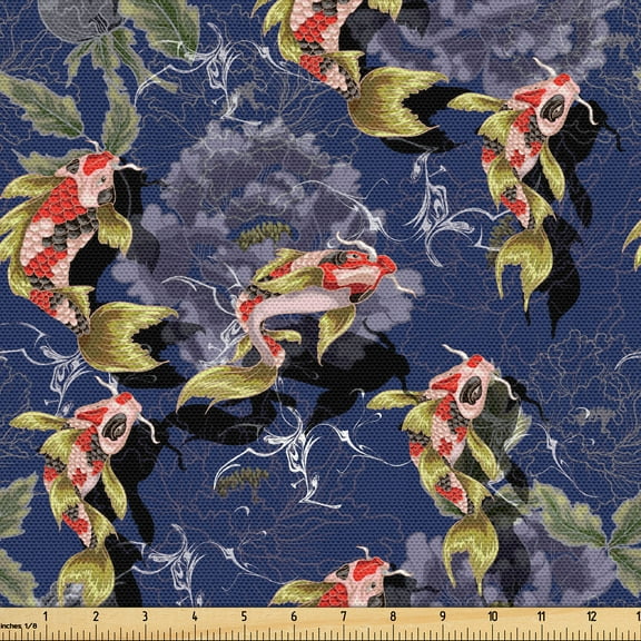 Ambesonne Japanese Fabric by the Yard, Asian Koi Fish Pattern, 1 Yard, Indigo and Pistachio Green