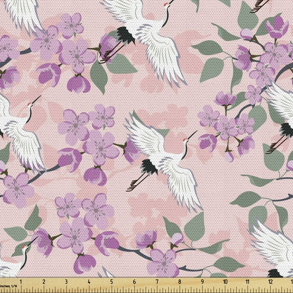 Ambesonne Japanese Fabric by the Yard Upholstery, Cranes Spring Flowering, 3 Yards, Pale Purple Rose Green