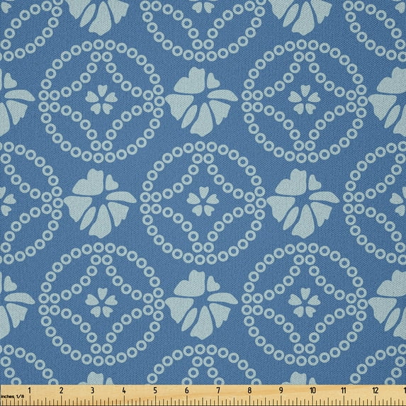 Ambesonne Japanese Fabric by the Yard Microfiber, Flowers Circles Pattern, 10 Yards, Slate Blue Pale Seafoam