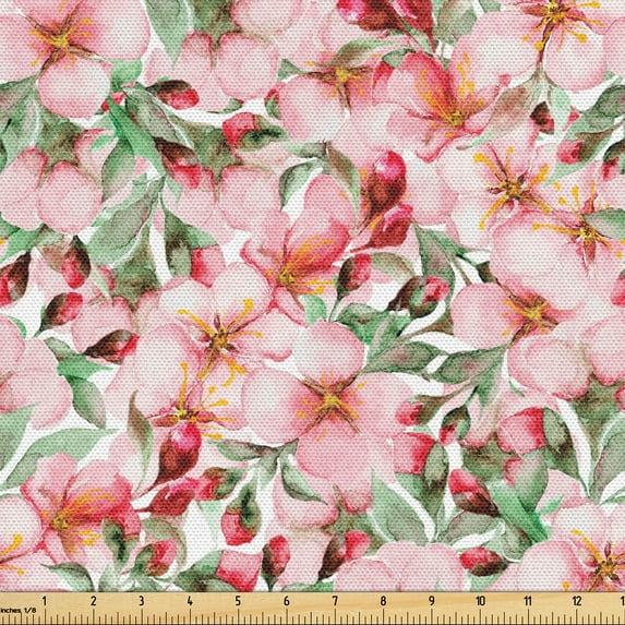 Ambesonne Japanese Fabric by the Yard, Sakura Flowers Asian Art, 1 Yard, Pale Salmon Mint Green