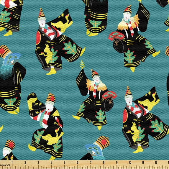 Ambesonne Japanese Fabric by the Yard Upholstery, Dancing Ethnic Characters, 3 Yards, Dark Coral and Turquoise