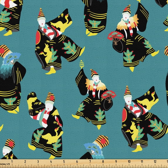 Ambesonne Japanese Fabric by the Yard Upholstery, Dancing Ethnic Characters, 5 Yards, Dark Coral and Turquoise