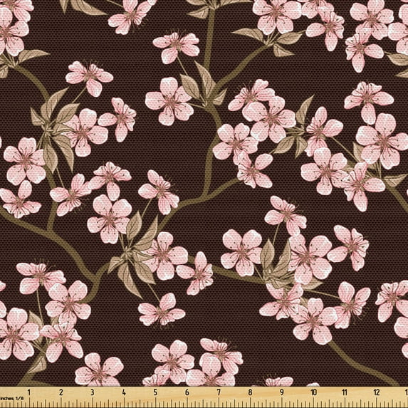 Ambesonne Japanese Fabric by the Yard Upholstery, Soft Pink Cherry Bloom, 10 Yards, Brown Pale Pink