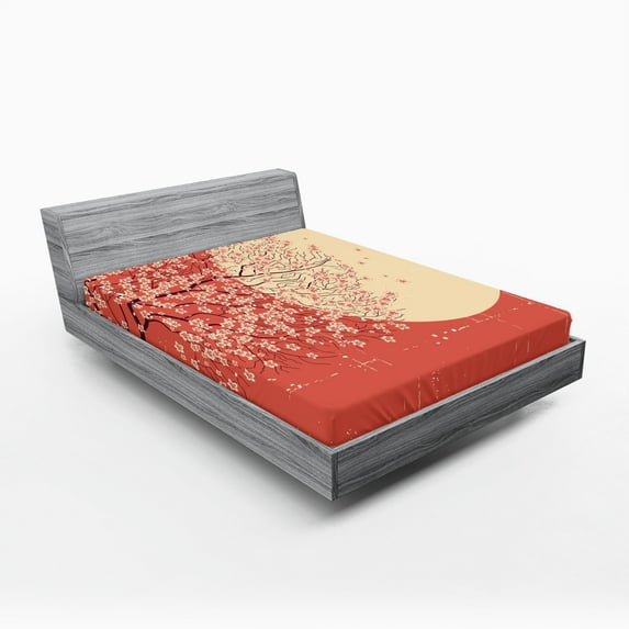 Ambesonne Japanese Fitted Sheet 2 Pcs Set, Cherry Sakura Blossoms, Full, Coral Pale Yellow Plum