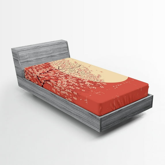 Ambesonne Japanese Fitted Sheet 2 Pcs Set, Cherry Sakura Blossoms, Twin XL, Coral Pale Yellow Plum