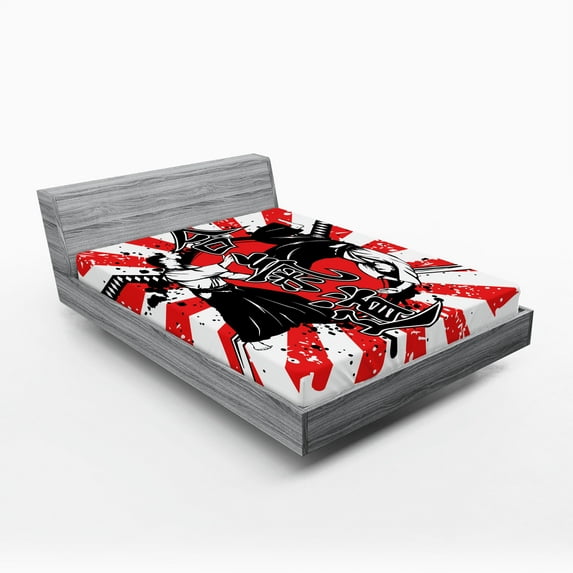 Ambesonne Japanese Fitted Sheet, Ai o Samurai Fight, Queen Size, Orange Black White