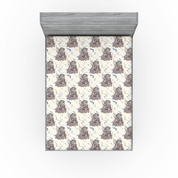Ambesonne Japanese Fitted Sheet, Asian Tiger Clouds Pattern, California King, Ivory Cocoa and Ceil Blue
