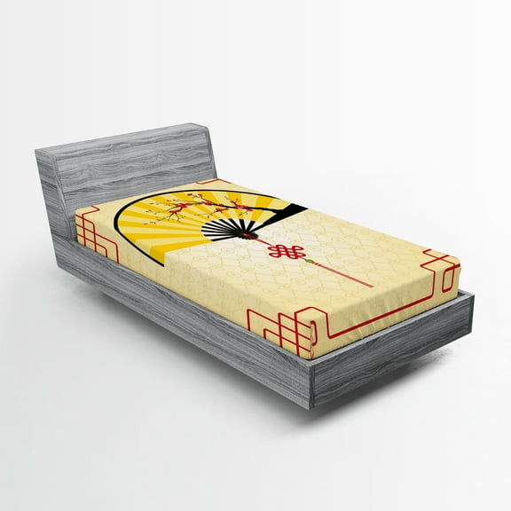 Ambesonne Japanese Fitted Sheet, Cherry Blossom Orient, Twin XL Size, Sand Brown Yellow Red