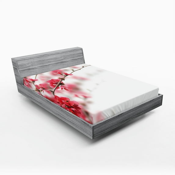 Ambesonne Japanese Fitted Sheet, Cherry Blossoms Misty, Full Size, Hot Pink White
