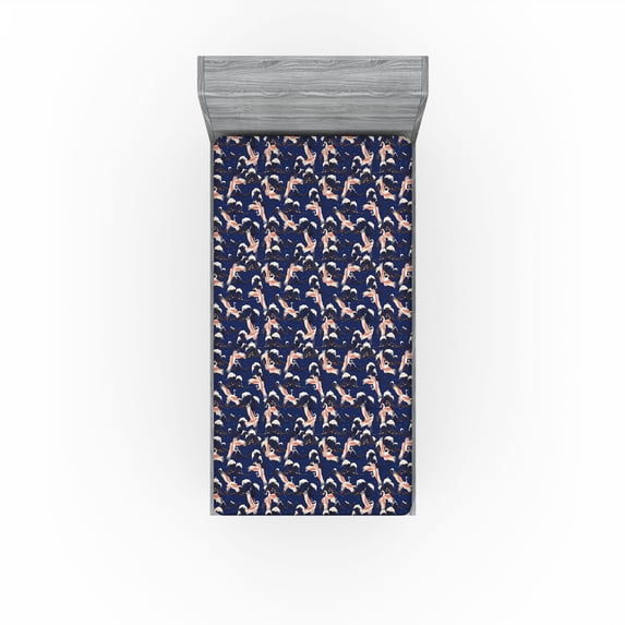 Ambesonne Japanese Fitted Sheet, Crane Birds Asian Themed, Twin XL Size, Night Blue Salmon Ivory
