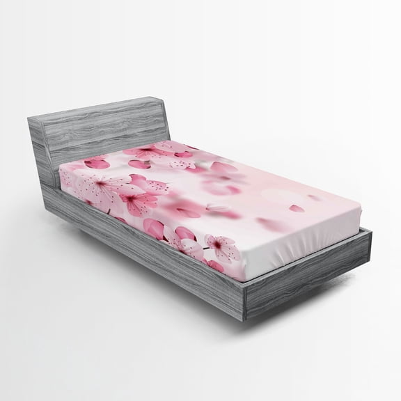 Ambesonne Japanese Fitted Sheet, Eastern Sakura Flowers, Twin Size, Pale Pink Pale Pink