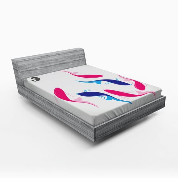 Ambesonne Japanese Fitted Sheet, Fish Yin Yang, Queen Size, Pink Blue