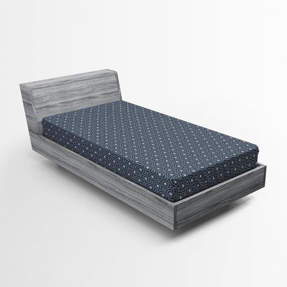 Ambesonne Japanese Fitted Sheet, Floral Checked Tile, Twin XL Size, Dark Blue Grey