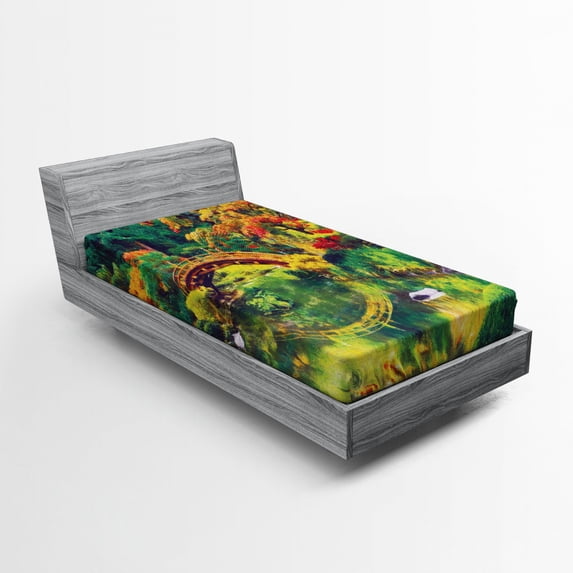 Ambesonne Japanese Fitted Sheet, Garden with Old Bridge, Twin Size, Green Orange