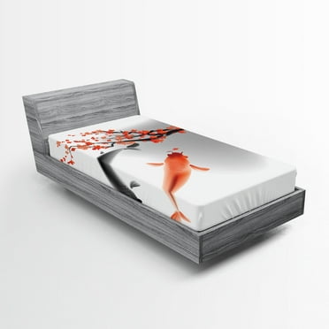 Ambesonne Japanese Fitted Sheet, Koi Carp Fish Couple, Twin Size, Orange Grey
