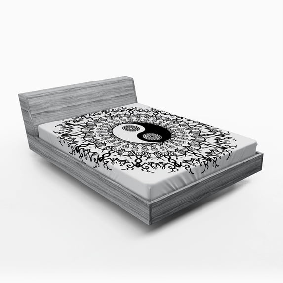 Ambesonne Japanese Fitted Sheet, Mandala Vintage Boho, Queen Size, Black White