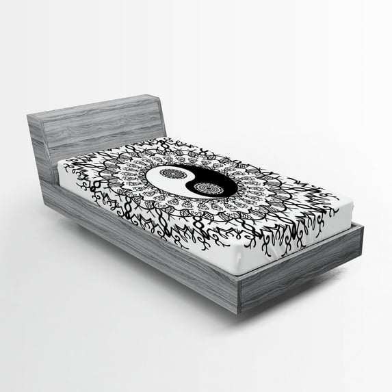 Ambesonne Japanese Fitted Sheet, Mandala Vintage Boho, Twin Size, Black White